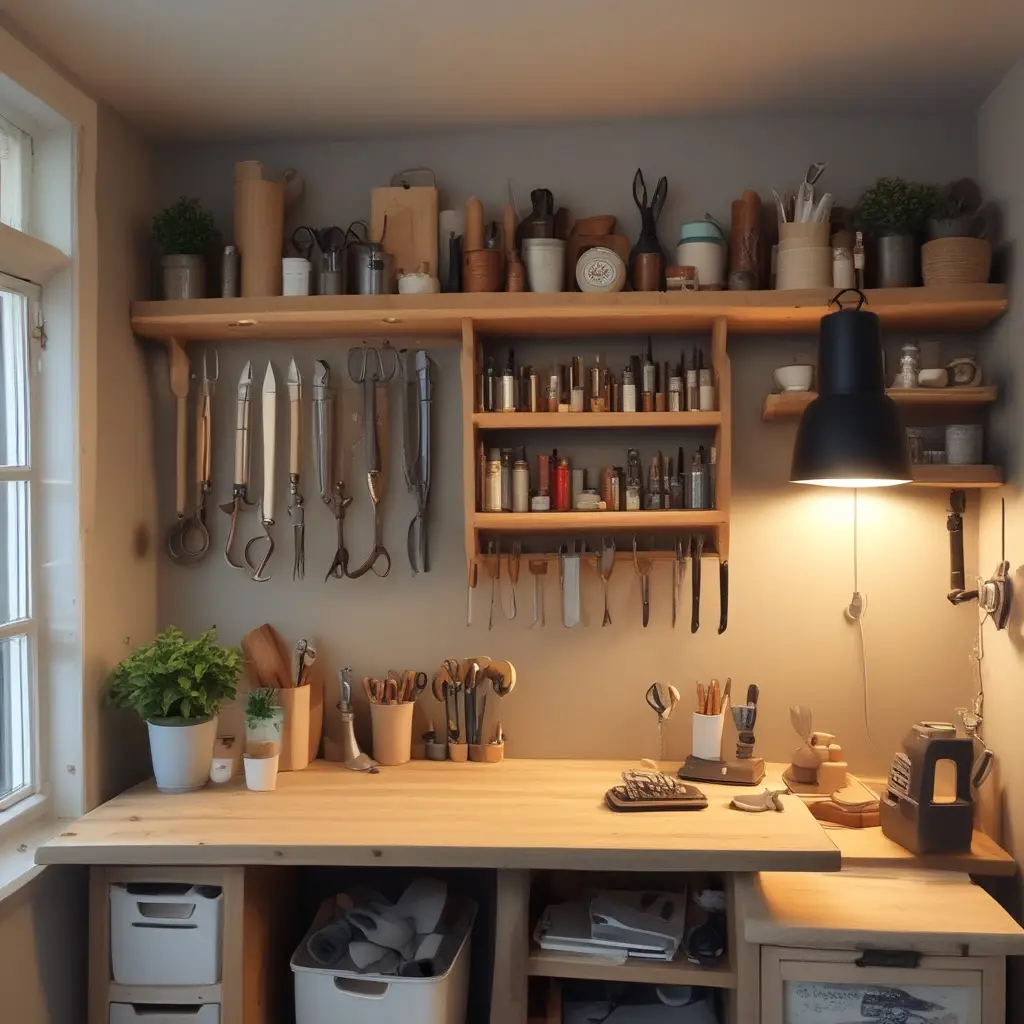 A cozy artisan workshop with wooden shelves, gardening tools, and potted plants—reflecting the creative soul of Végétalarium.