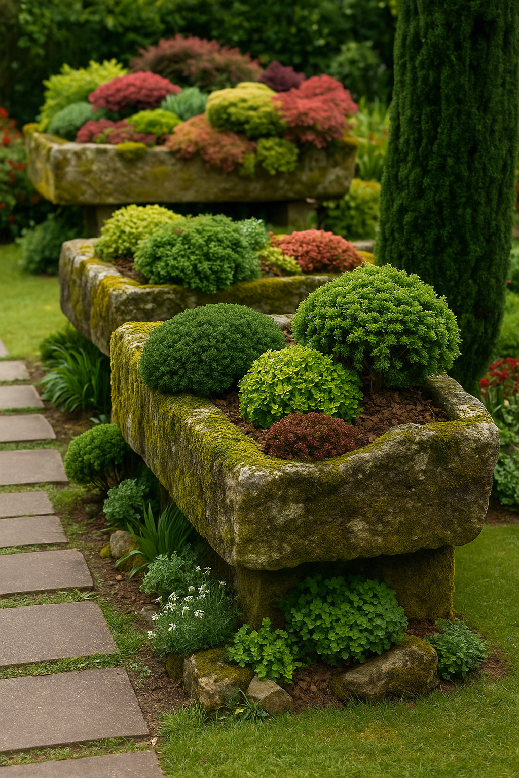 Antique stone trough planters filled with perennials in a lush garden.
