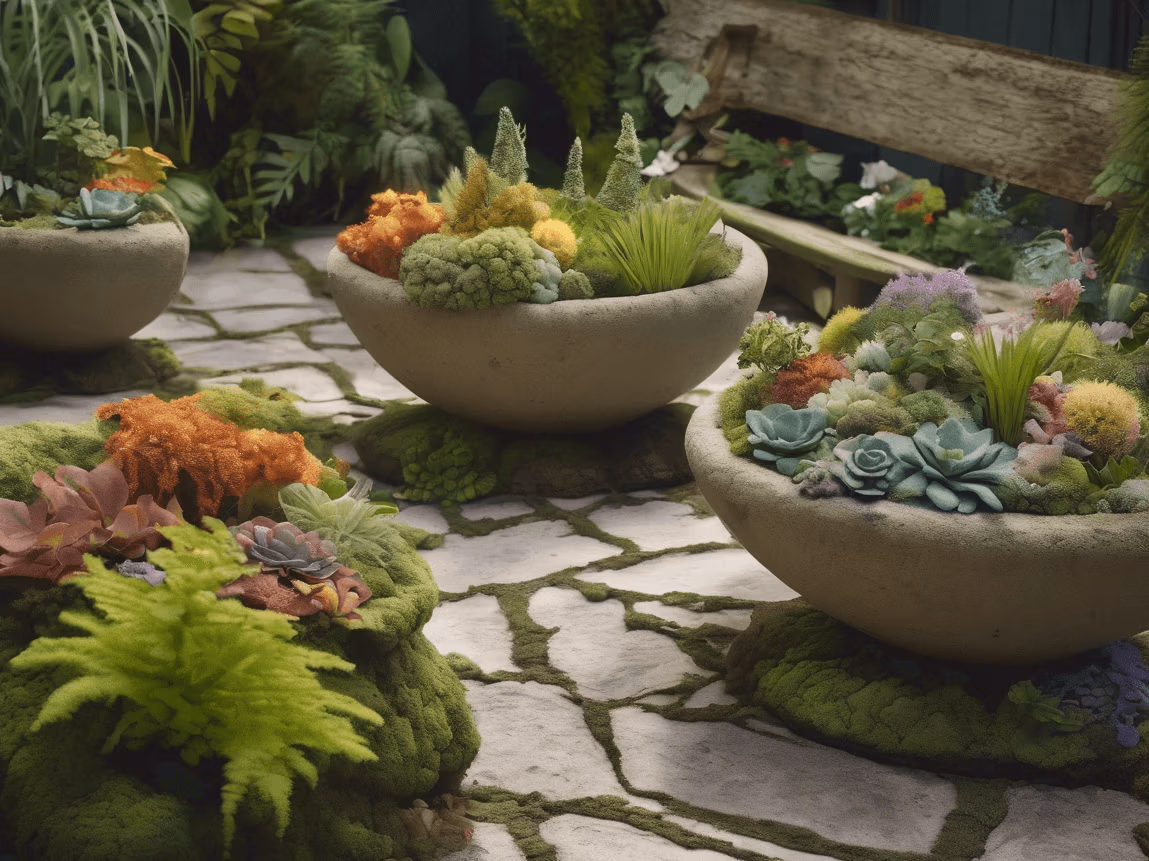 Handcrafted hypertufa garden planters filled with colorful succulents and moss, displayed on a stone pathway.