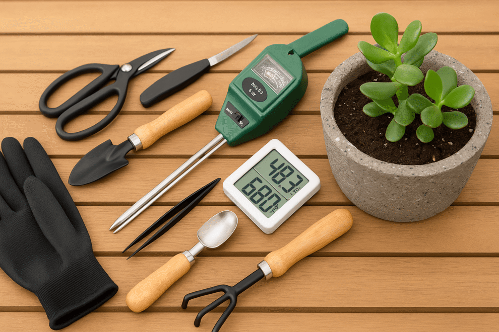 Advanced plant care kit with precision scissors, digital soil meter, humidity gauge, and specialty gardening tools on a wooden table.