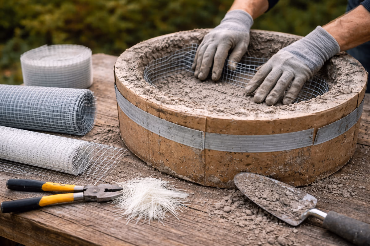 Hands reinforcing a large hypertufa planter with wire mesh during forming, showing proper structural support for durability