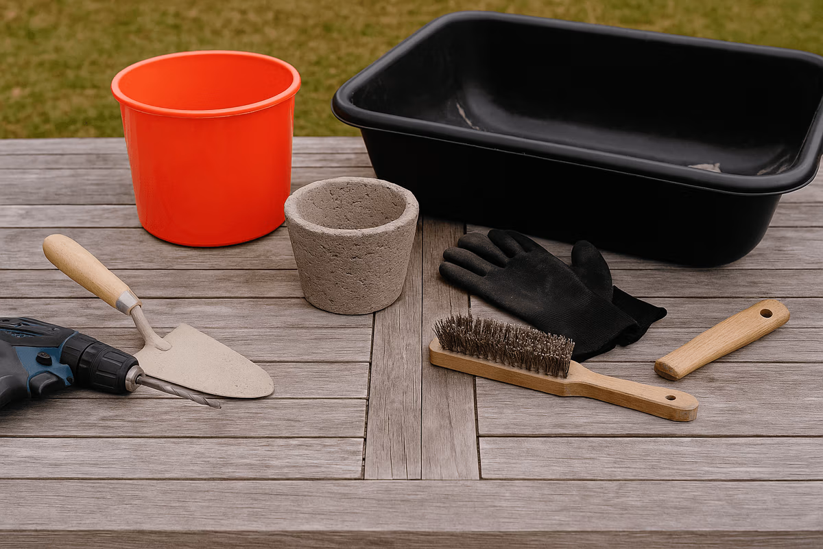 Tools needed for making hypertufa planters laid out on a work table