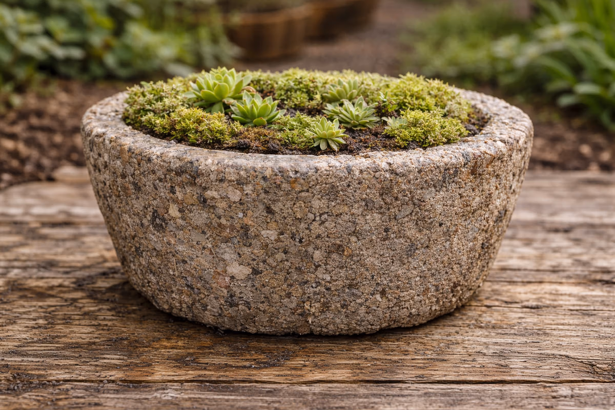 Natural hypertufa pot with visible texture and early patina outdoors