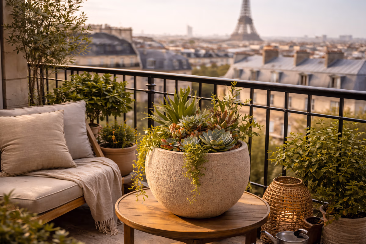 Hypertufa pot with succulents on a Paris balcony overlooking the Eiffel Tower in soft evening light