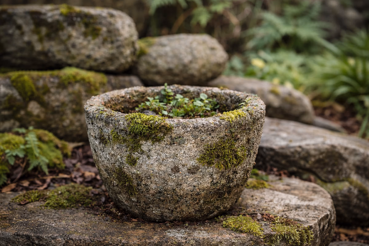 Moss growing naturally on a hypertufa pot in a shaded garden, showing an aged and textured surface