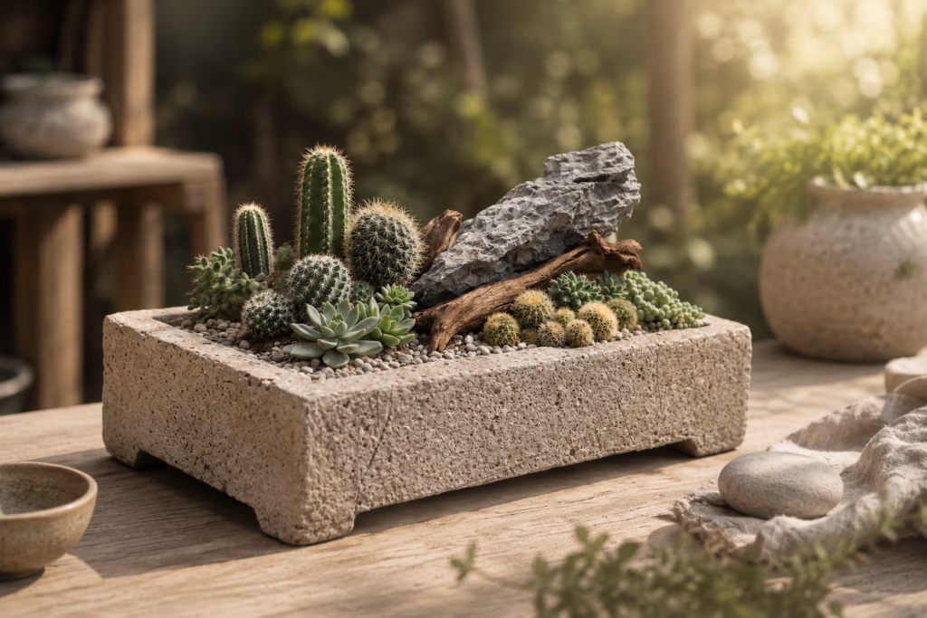 Handcrafted hypertufa planter with cacti, succulents, natural stone and textured mineral finish in a calm wabi-sabi setting