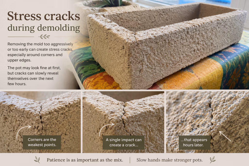 Stress cracks in a handcrafted hypertufa planter caused during demolding, showing how corners and upper edges can crack if the mold is removed too aggressively or too early.