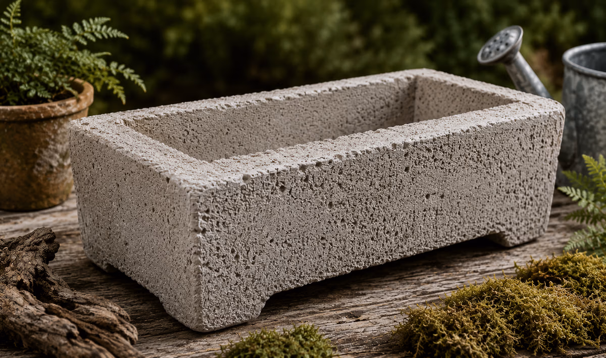 Handcrafted hypertufa planter resting on a rustic wooden table surrounded by moss and garden elements in soft natural light.