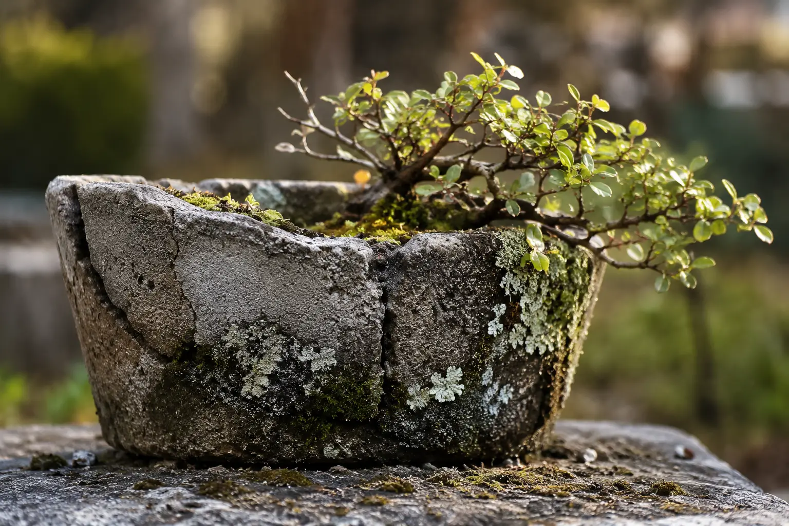Weathered stone planter with a small leafy shrub growing out, moss and lichen covering the sides on a stone surface to the foreground.