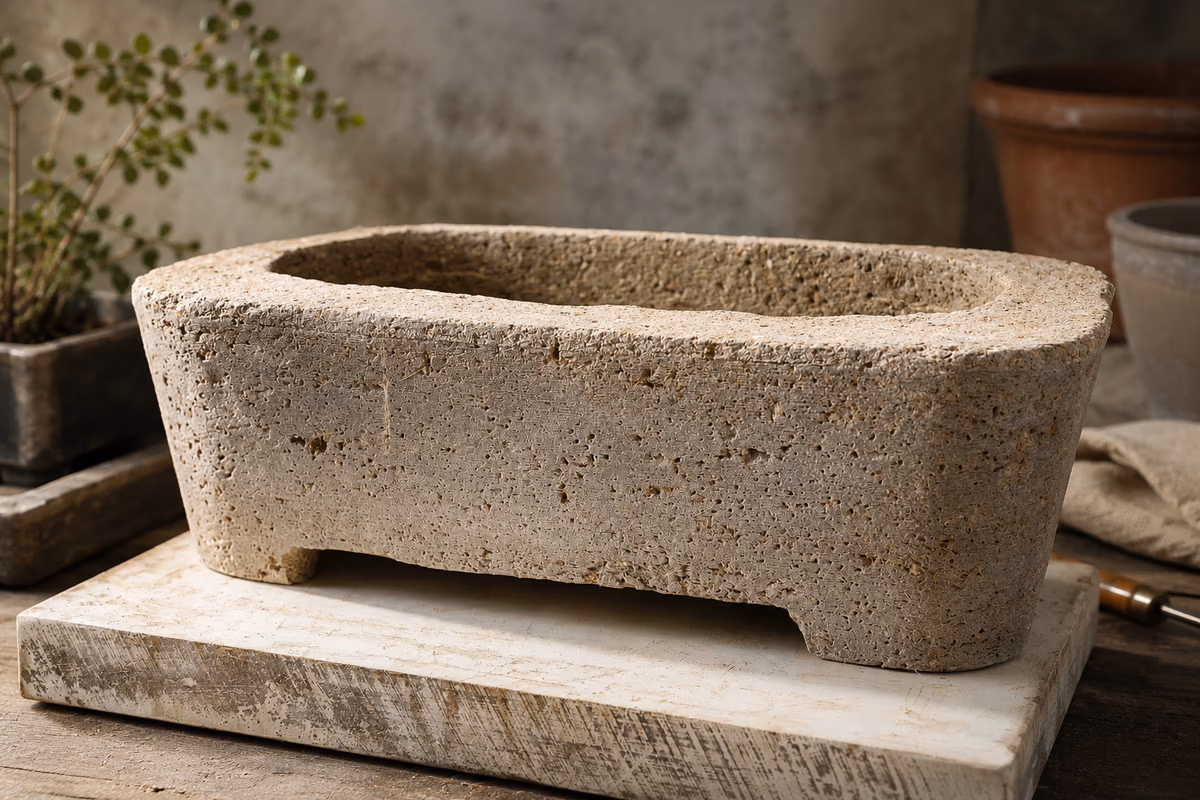 Handmade hypertufa planter showing natural porous texture, photographed in the Végétalarium workshop.