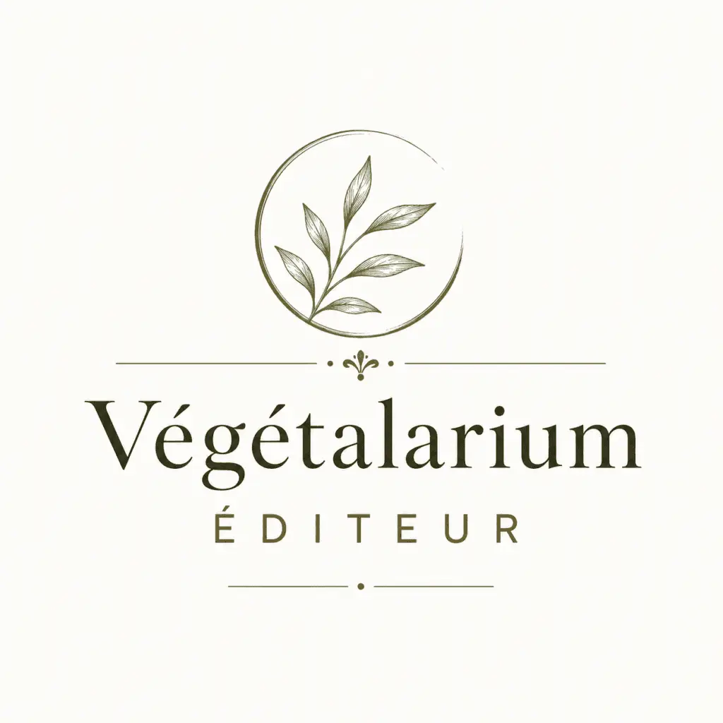 Logo for Végétarium Éditeur featuring a circular leaf emblem above the name in an elegant serif font.